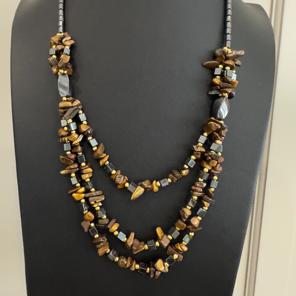 Artisan Black Hematite Bead Multi 3 Strand Tiger Eye Stone Necklace